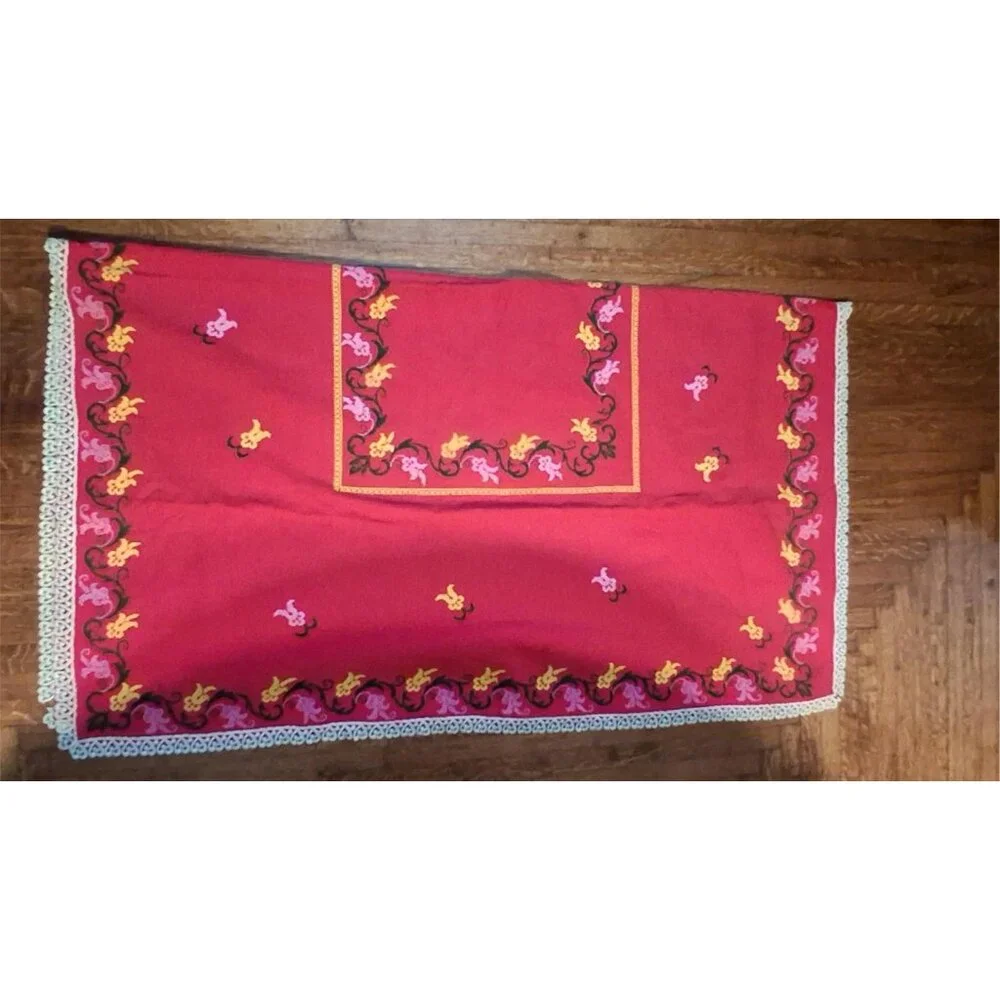 Unbranded vintage embroidered red tablecloth 59x52